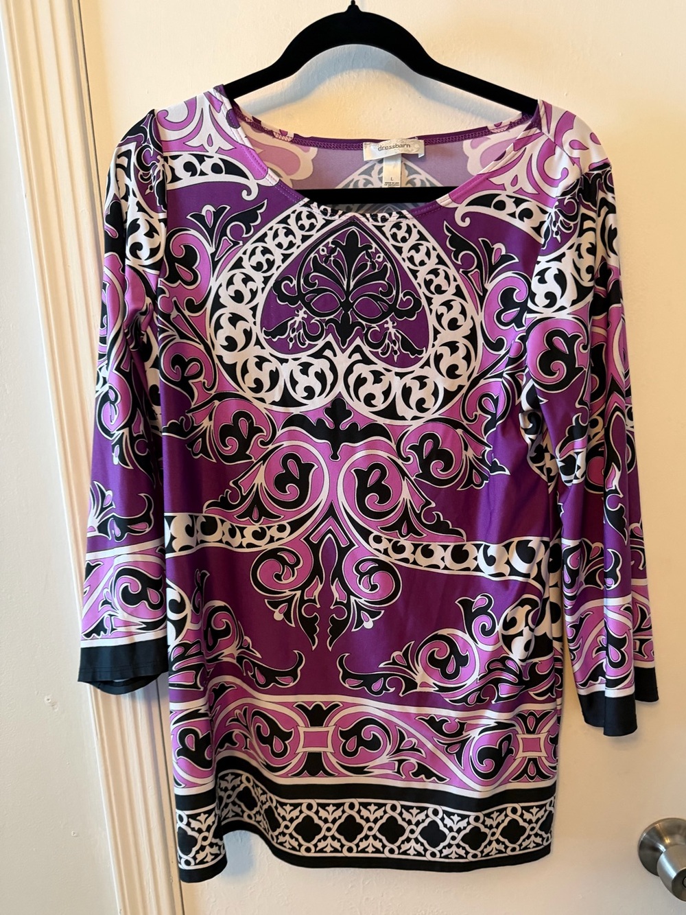 dressbarn Purple and White Patterned Long Sleeve Scoop Neck Top